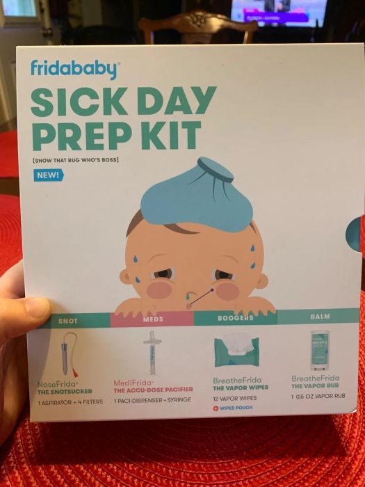 Fridababy Sick Day Prep Kit box showcasing tools for managing snot, meds, boogers, and balm to care for sick kids.