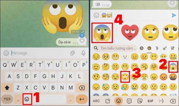 Nhấn vào biểu tượng cảm xúc, chọn các icon bạn muốn kết hợp và nhấn vào emoji mới để gửi đi
