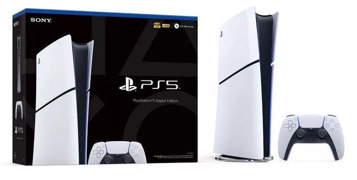 a PlayStation 5 Digital Edition console and controller shown alongside its packaging