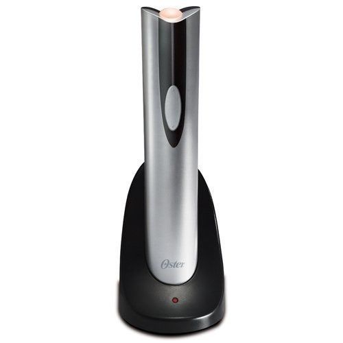 a sleek silver cylindrical wine opener resting in its charging dock