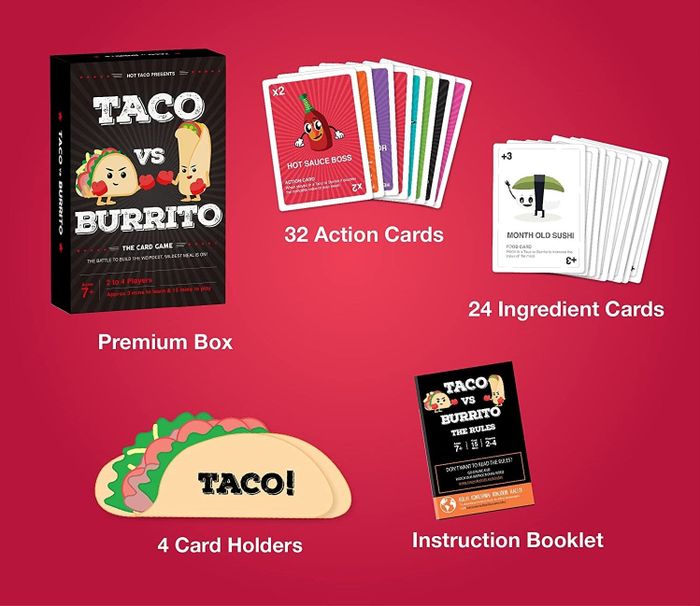 An image showing the contents of the Taco vs Burrito card game, including the playing cards.