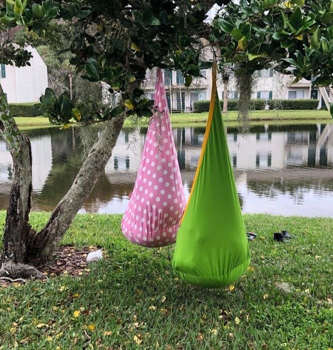 A photo showing two swings hanging outdoors, captured by the reviewer.