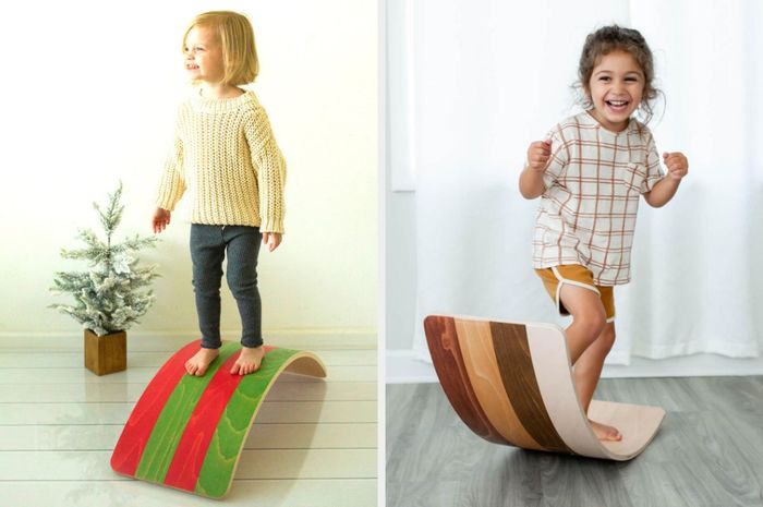 A split image showing children standing on a multi-colored wobble board in shades of red, green, and brown