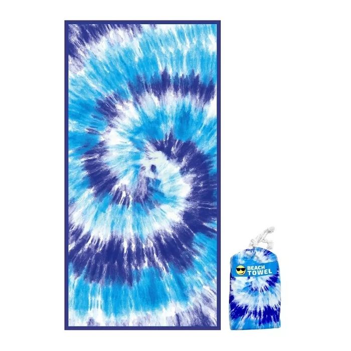 A vibrant tie-dye beach towel with a spiral design, displayed alongside its packaging, perfect for those looking to shop for something stylish and practical.