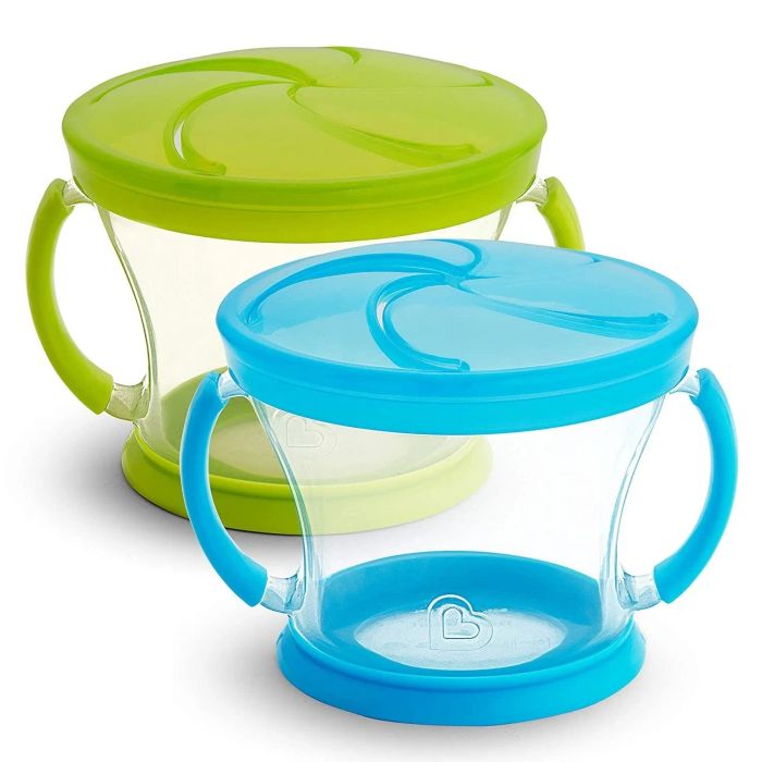 Two snack containers in shades of blue and green.
