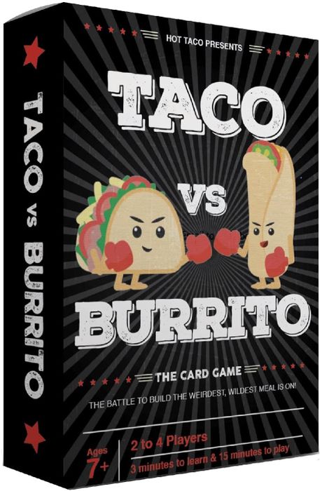 The packaging of the Taco vs Burrito card game, as shown in the image.