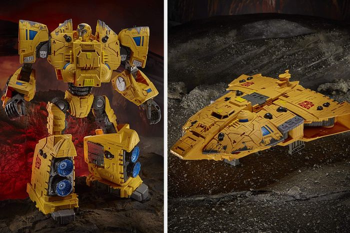 A split image showcasing a Transformer in both robot and spaceship forms.