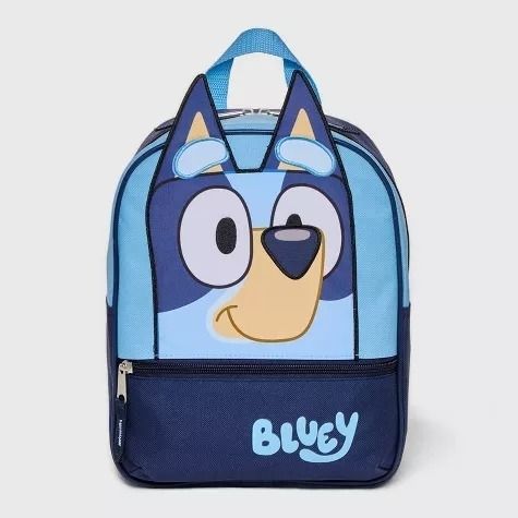 A Bluey-themed kids' backpack with a character face design and a top handle, ideal for school or travel.
