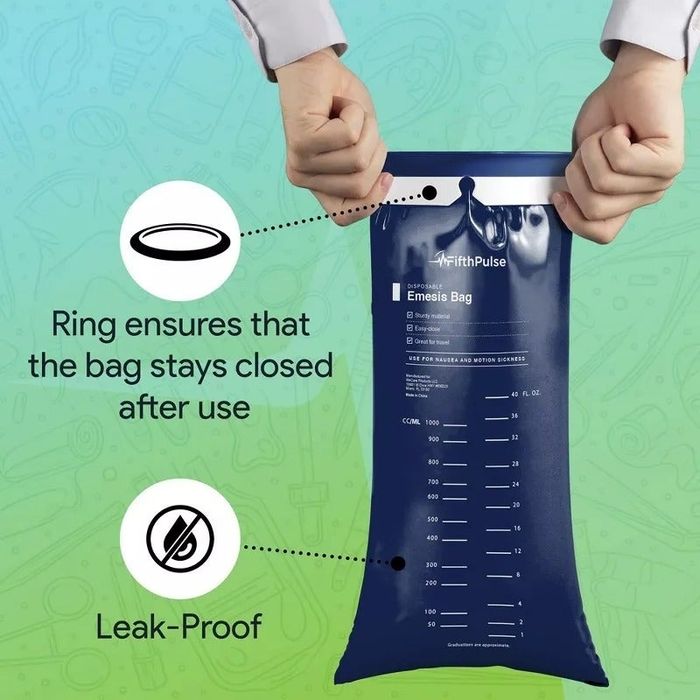 A person holding an emesis bag with a close-up showing its leak-proof design and ring closure for added security.