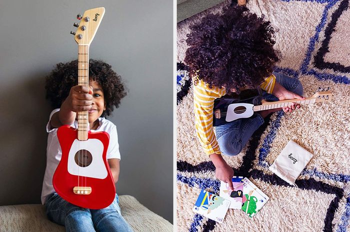 A split image showing a child model holding a red, three-string guitar, while playing a black guitar with note codes scattered across the scene.