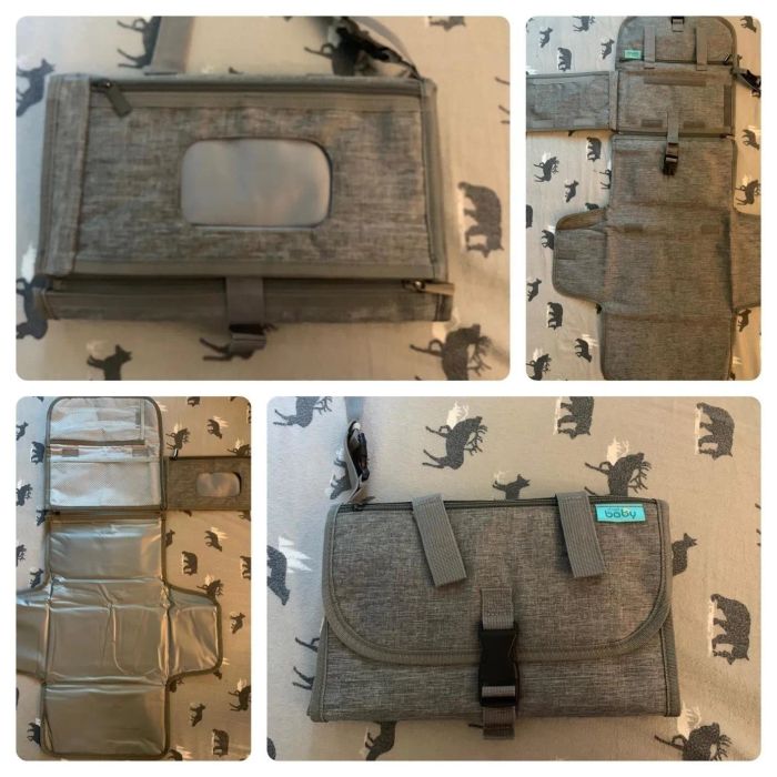 Collage of a portable baby changing mat with storage pockets and a handle, displayed both folded and fully open on a patterned surface.