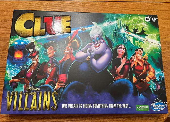 reviewer's Clue Disney Villains board game box showcasing characters on the cover