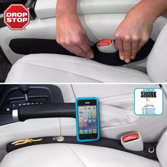 The Drop Stop car seat gap filler in action, stopping small items like pens and coins from falling between the seats; featured on Shark Tank.