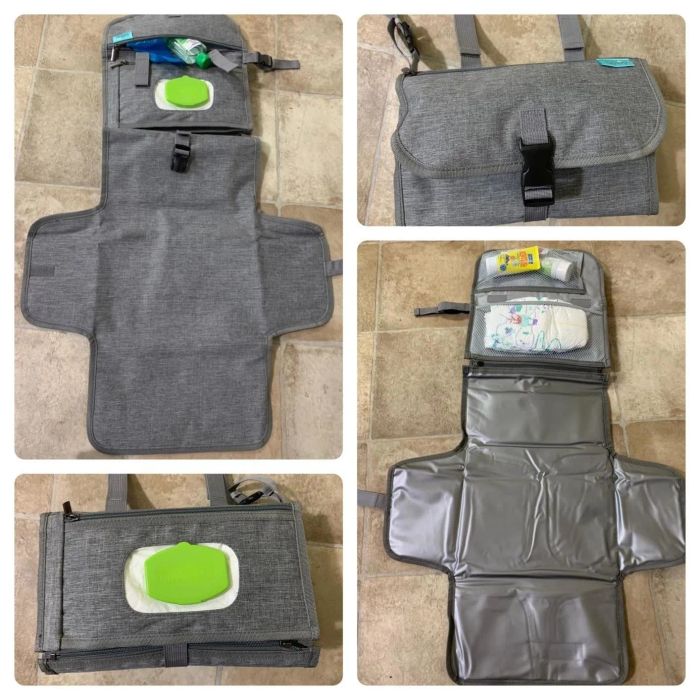 Collage of a foldable diaper changing pad: open with sanitizer and diapers inside, and closed with buckles, highlighting its convenience for travel.
