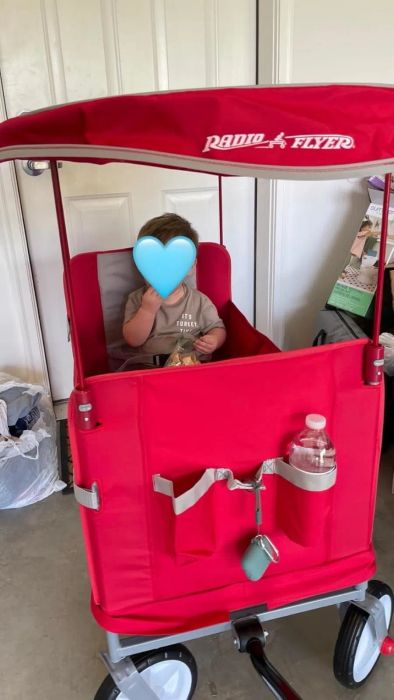 A child sits inside a Radio Flyer wagon equipped with a canopy, happily holding a snack.