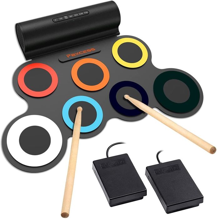 An image of an electronic drum set featuring brightly colored circles, along with headphones and a pair of drumsticks.