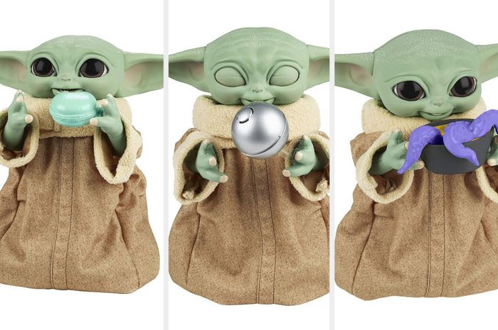 Triptych image showcasing the Grogu toy holding various objects