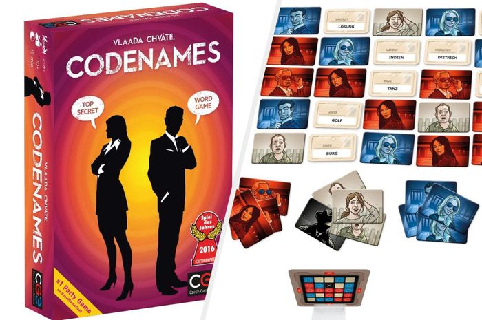 Box art of Codenames featuring two shadowy figures alongside the game's play cards