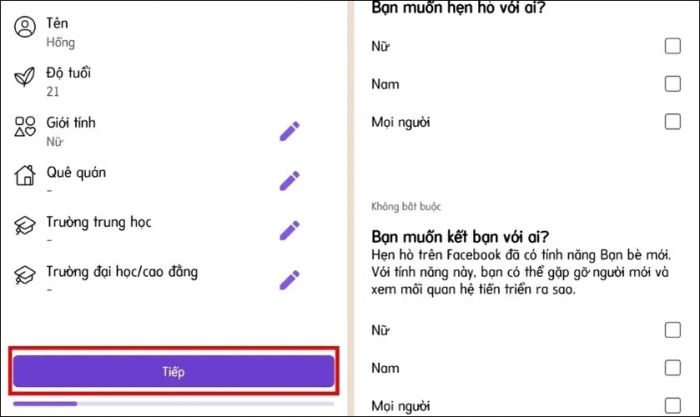 Cập nhật thông tin cá nhân và chọn giới tính của đối tượng hẹn hò