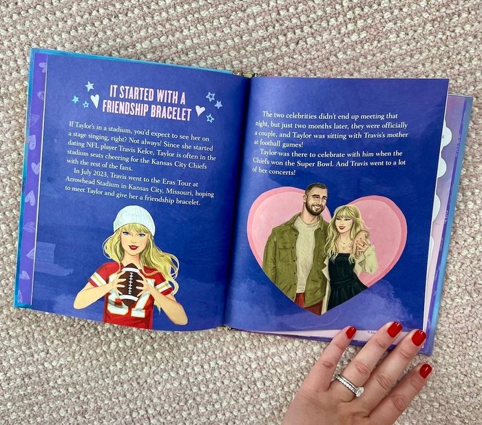 An open book page depicting a story about a friendship bracelet that sparks a relationship between a renowned singer and an NFL player, complete with their illustrated portraits