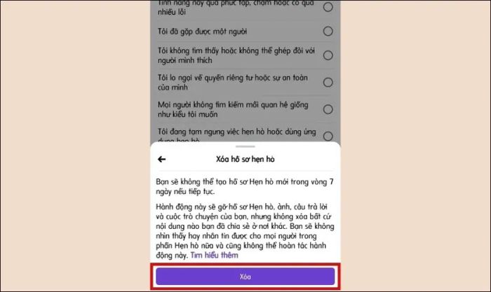Bấm vào Xóa hồ sơ hẹn hò trên Facebook để tiếp tục.