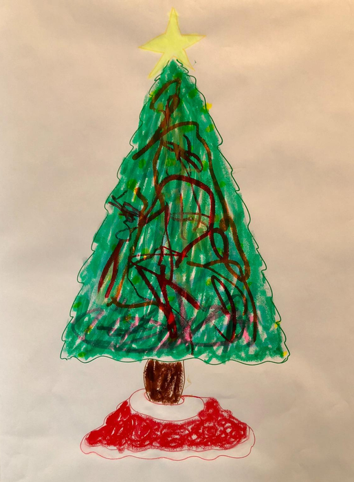 A child's artwork depicting a Christmas tree adorned with a star, colorful decorations, and a red tree skirt.