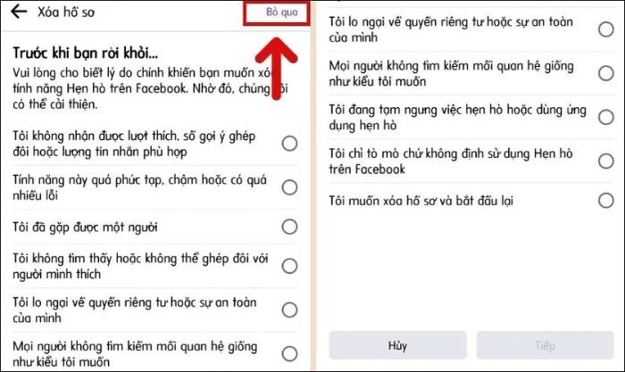 Chọn Bỏ qua hoặc đưa ra lý do để xóa hồ sơ Facebook Dating của bạn.