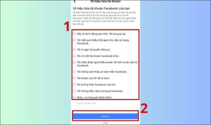 Chọn một lý do phù hợp và nhấn Tiếp tục