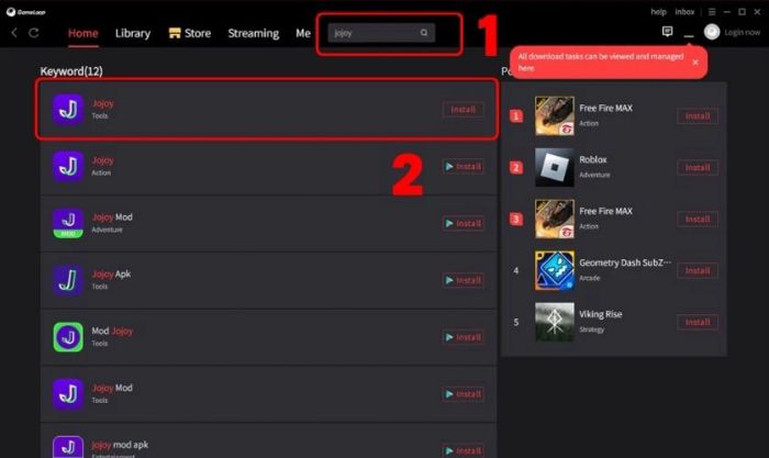 Tìm kiếm ứng dụng Jojoy trong GameLoop