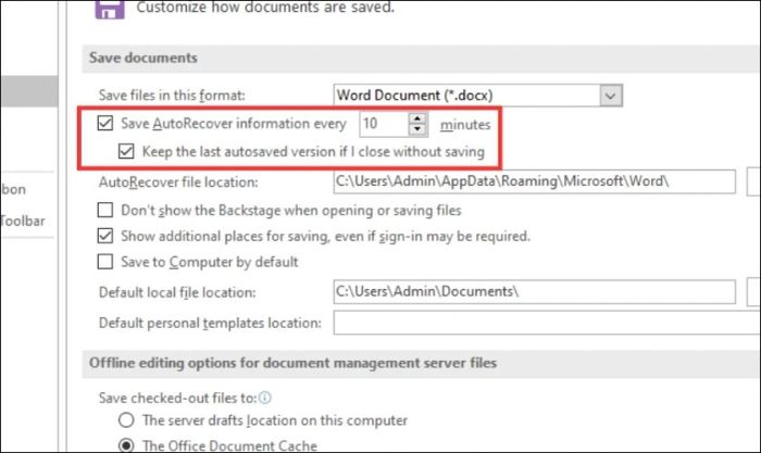 Tại đây, bạn bật tính năng AutoSave và AutoRecover để tự động lưu và khôi phục tài liệu.