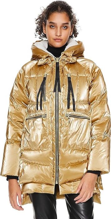 front view of a model wearing the gold metallic coat