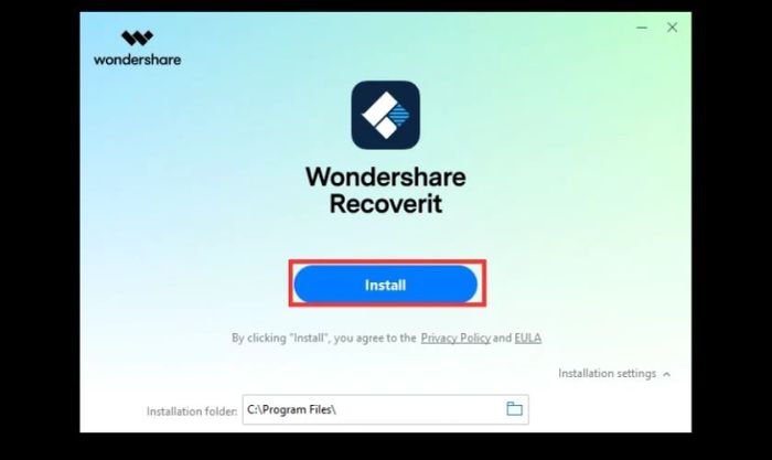 Chạy phần mềm Recoverit và ấn nút Install để cài đặt.