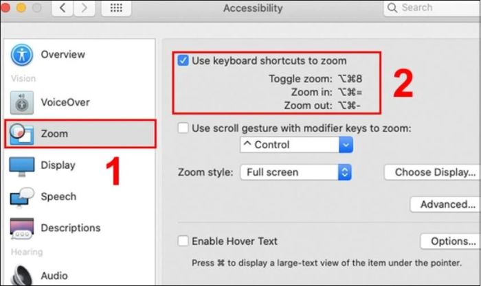 Kích hoạt tính năng phím tắt bằng cách đánh dấu vào ô Use keyboard shortcuts to zoom