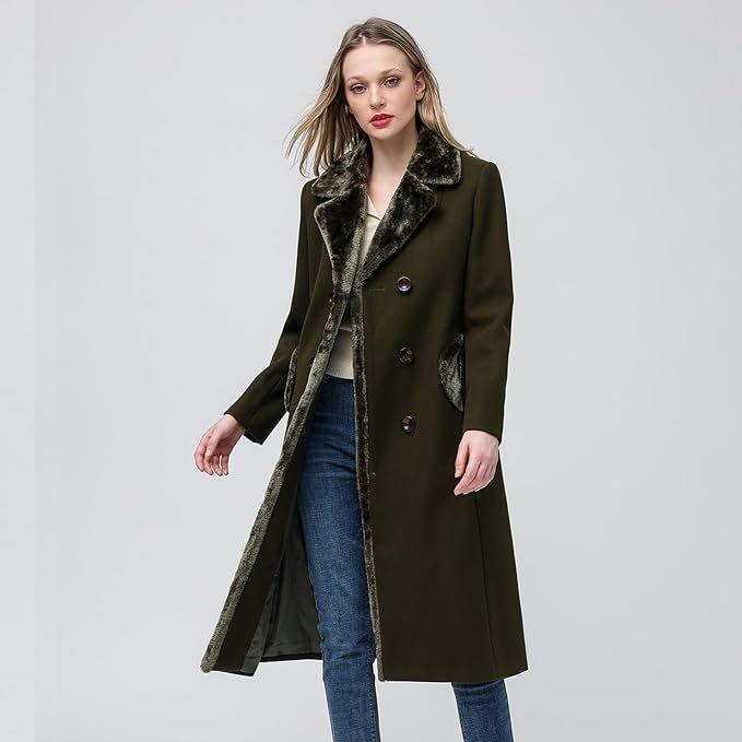 model wearing the coat in a deep coffee color
