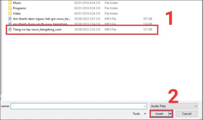 Lựa chọn file âm thanh để chèn vào PowerPoint