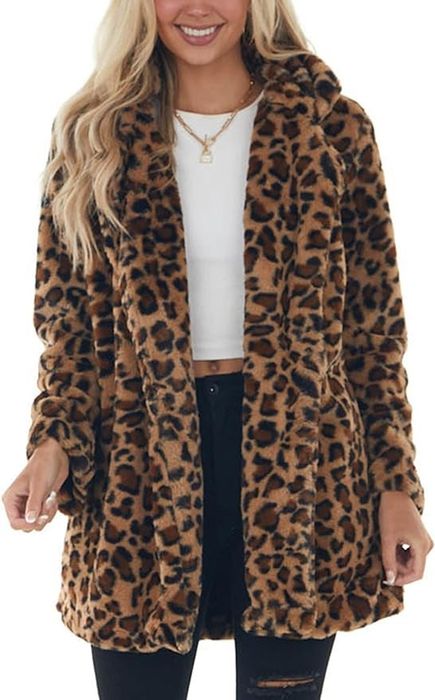 Front view of the model rocking the leopard-print jacket