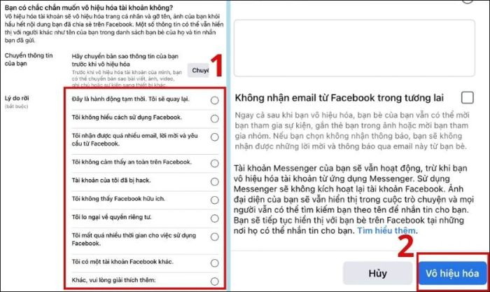 Chọn lý do phù hợp và bấm Vô hiệu hoá