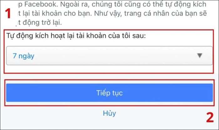 Chọn ngày tự động kích hoạt lại tài khoản và nhấn Tiếp tục