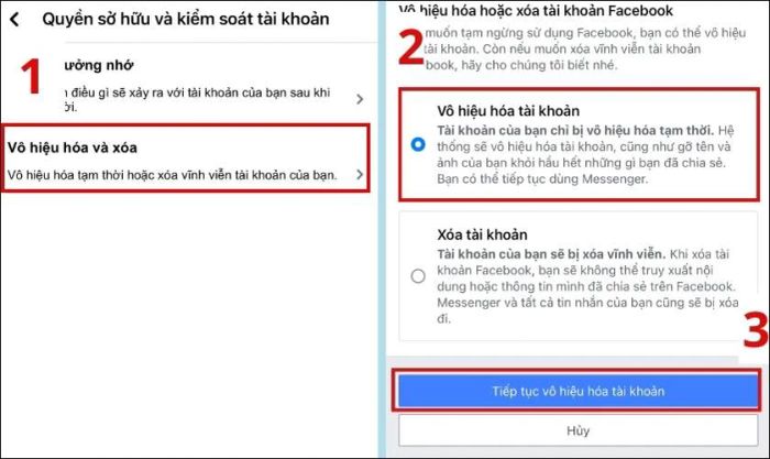Chọn mục Vô hiệu hoá và xoá, sau đó nhấn vào Vô hiệu hoá tài khoản và tiếp tục bằng cách nhấn Tiếp tục vô hiệu hoá tài khoản