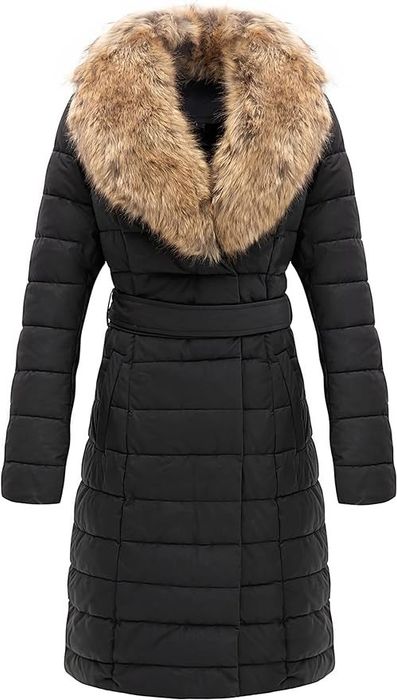A sleek black coat adorned with a faux fur collar.