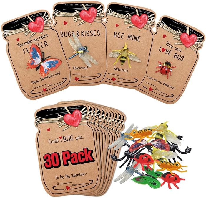 A set of brown jar-shaped cards paired with plastic bug toys.