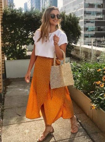 A reviewer is seen wearing the orange version with white polka dots.