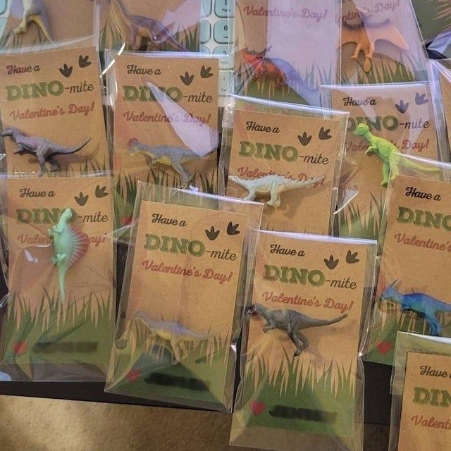 A reviewer's photo of the dinosaur-themed valentines.