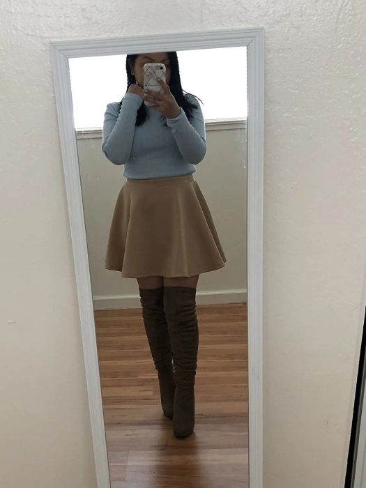 The skirt in a neutral beige shade.
