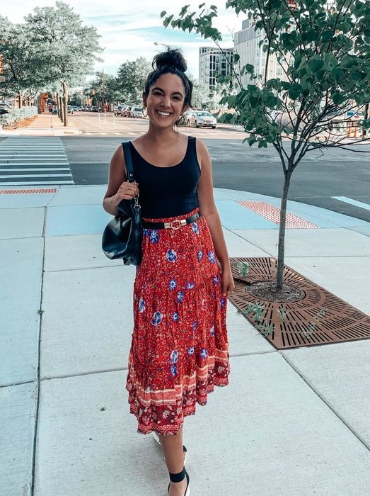 Another reviewer showcasing the dress in a vibrant red shade.