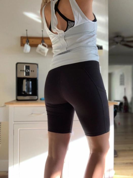 A rear angle of the reviewer showcasing the bike shorts.
