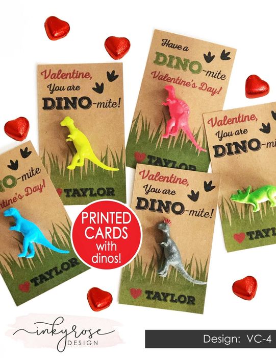 Dinosaur toys attached to cards with the message, 'Valentine, you are dino-mite.'