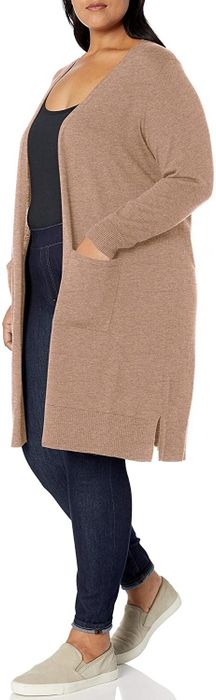 A model wearing a camel heather cardigan.