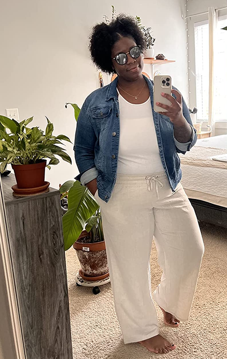 A reviewer pairing the beige drawstring pants with a chic denim jacket