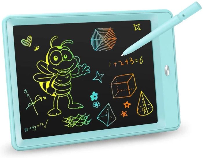 The blue LCD writing tablet displayed on a surface, ready for use.